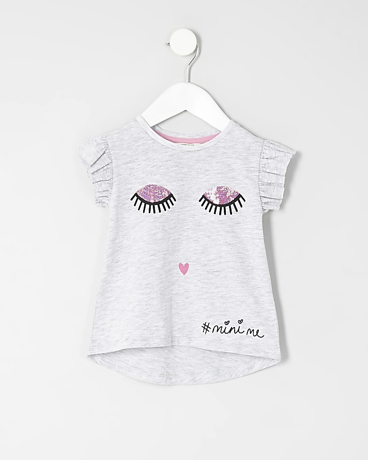 Mini girls grey eyelash frill sleeve T-shirt