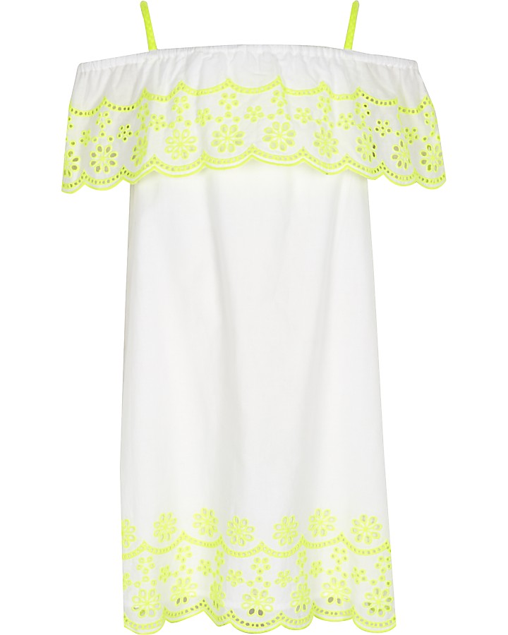 Girls white fluro embroidered frill dress