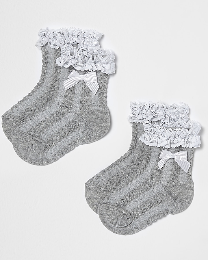 Mini girls grey frill bow socks multipack