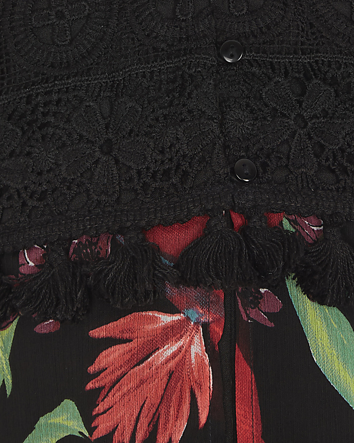 Girls black floral sleeveless duster coat