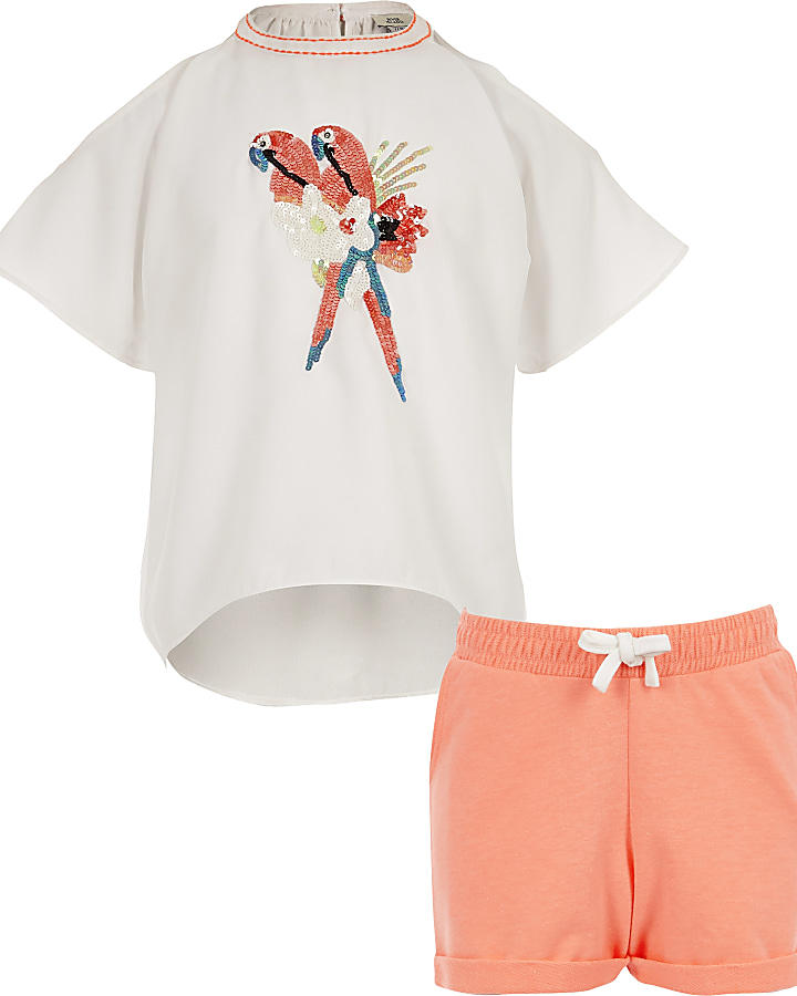 Girls white parrot top and shorts outfit