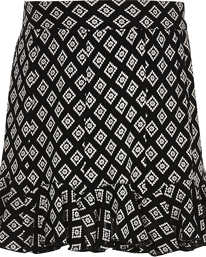 Girls black mono print flippy skirt