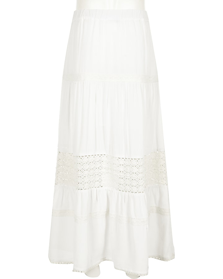 Girls white tiered crochet trim maxi skirt