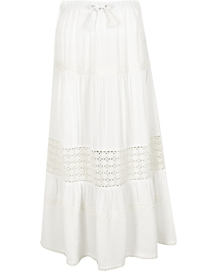 Girls white tiered crochet trim maxi skirt