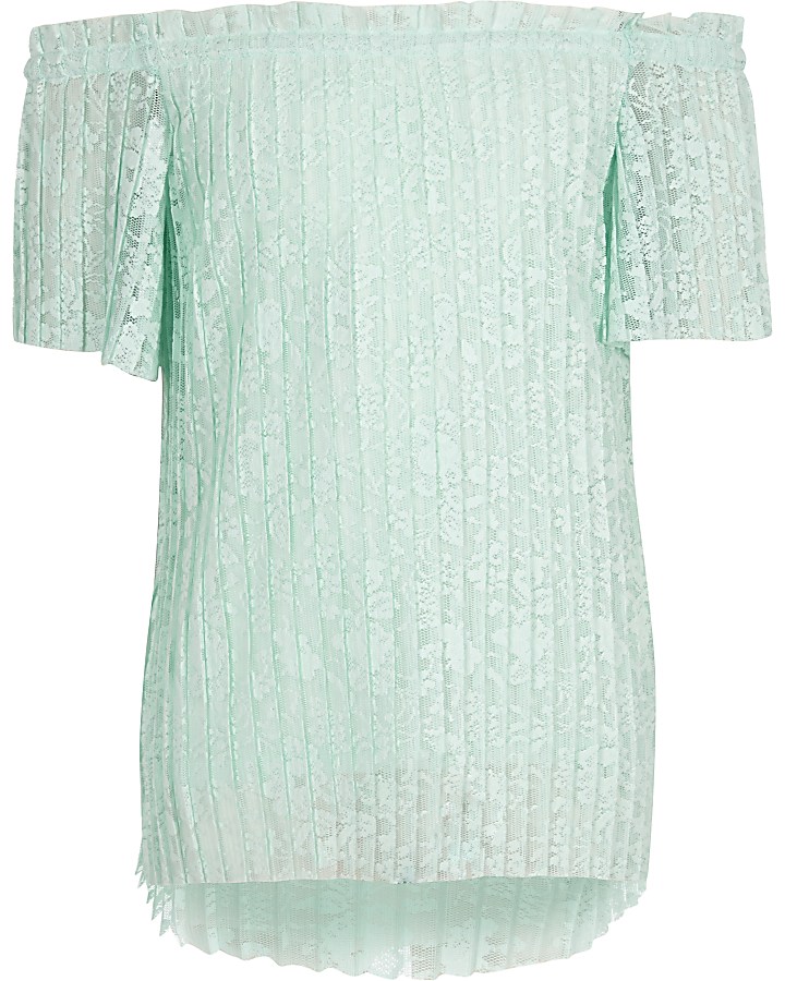 Girls green floral lace pleated bardot top