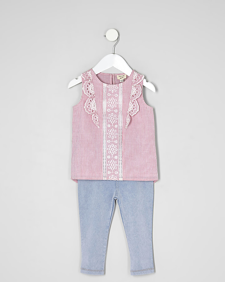 Mini girls pink stripe broderie top outfit