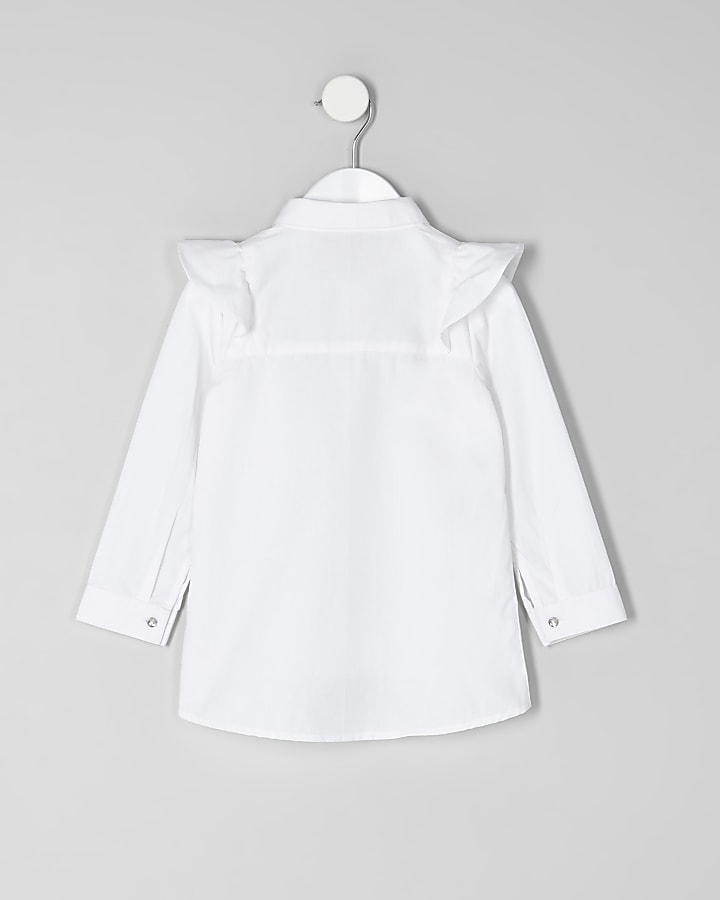 Mini girls white frill long sleeve shirt