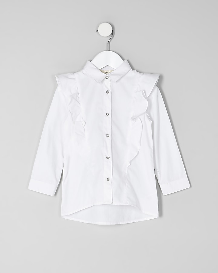 Mini girls white frill long sleeve shirt