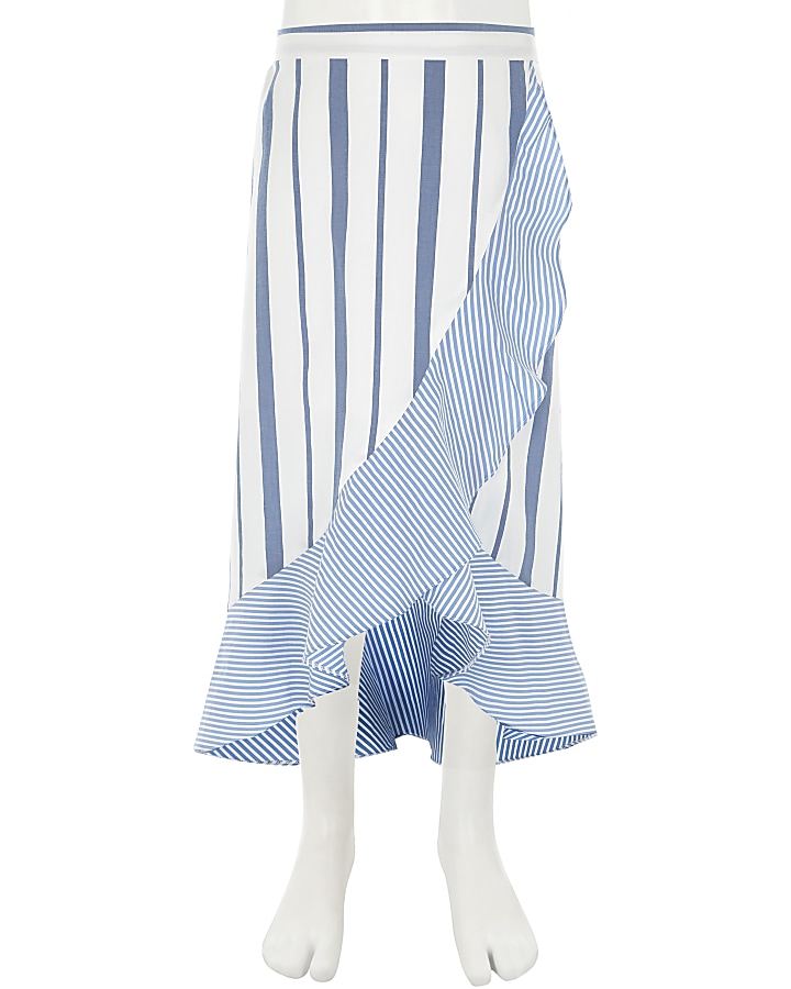 Girls blue stripe print frill maxi skirt