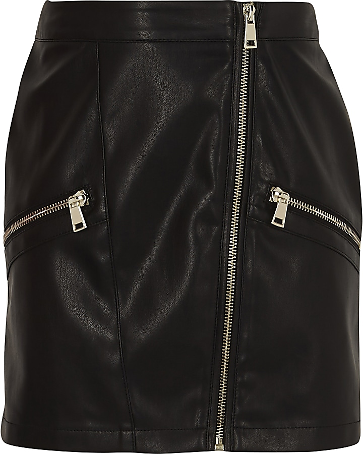 Girls black faux leather biker mini skirt