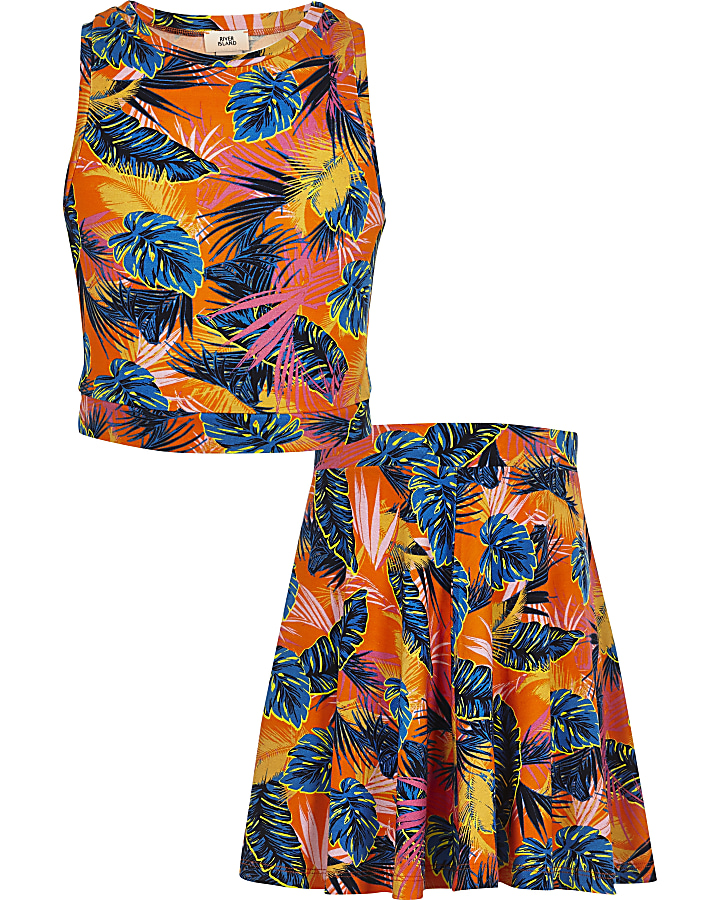 Girls orange tropical crop top outfit
