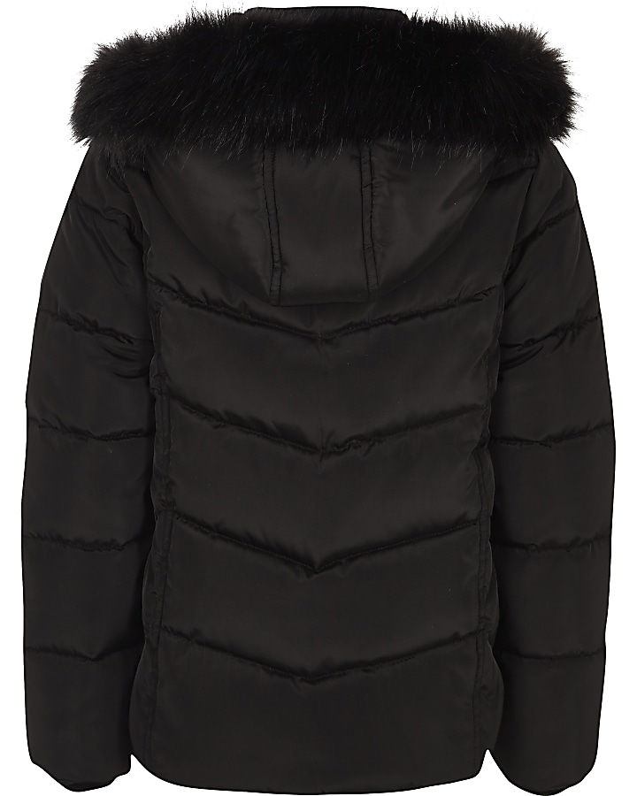 Girls black faux fur hood puffer jacket