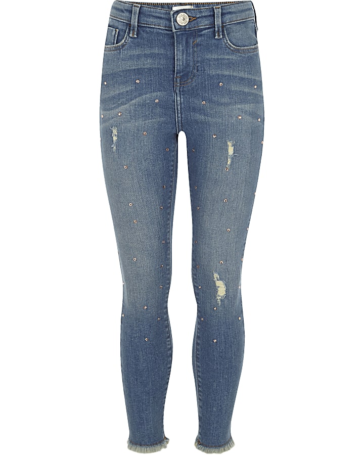 Girls blue studded skinny Amelie jeans