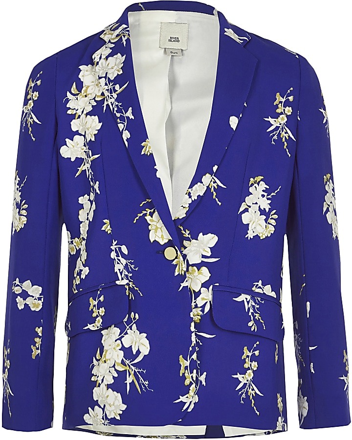 Girls blue floral long sleeve blazer