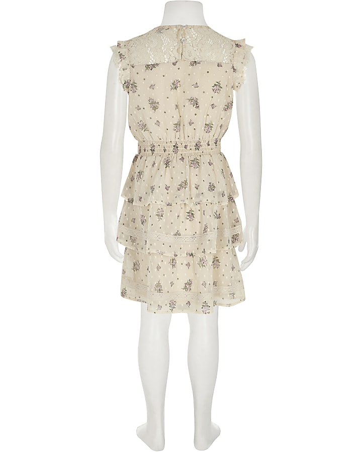 Girls cream floral lace trim frill dress