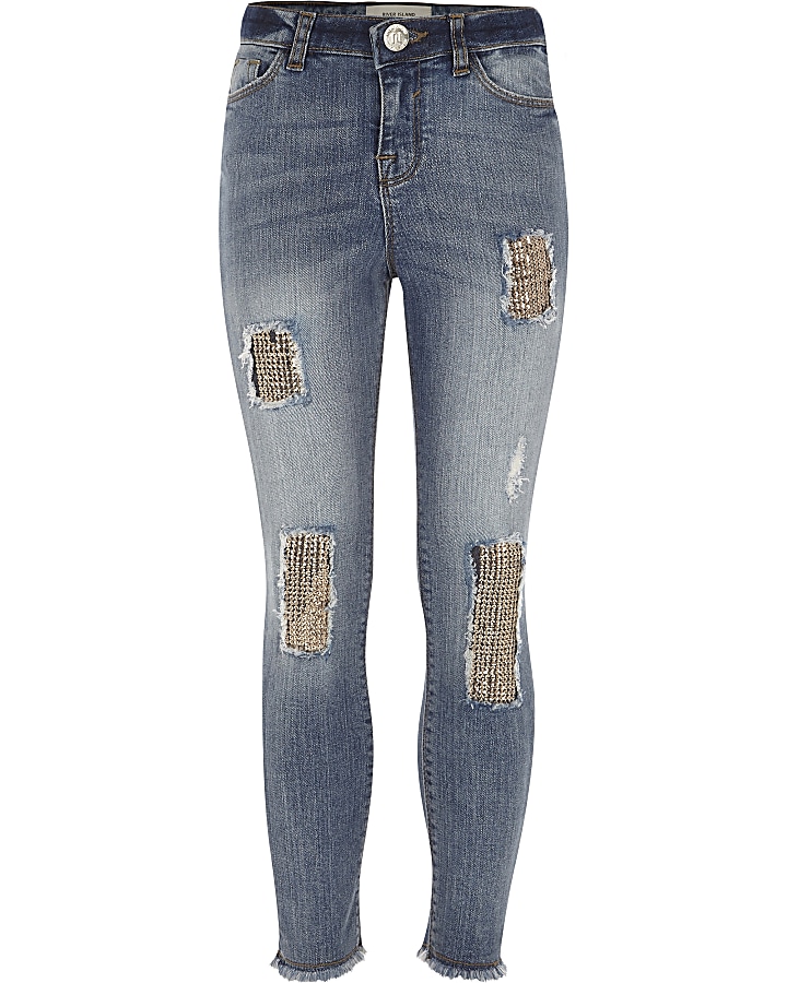 Girls blue sequin patch Amelie skinny jeans