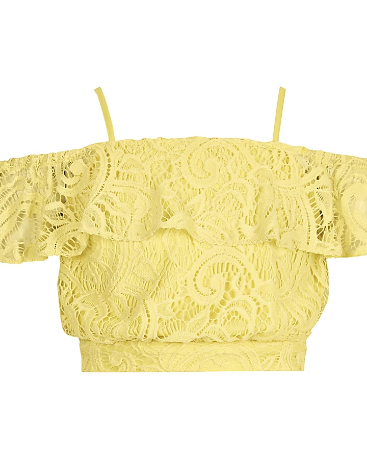 Girls yellow lace bardot crop top