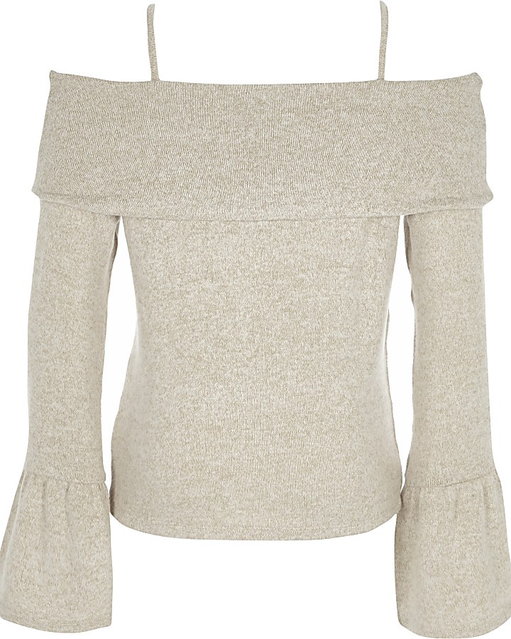 Girls beige knitted bardot top