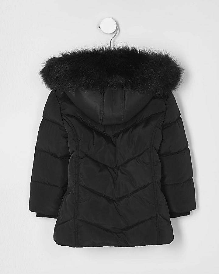 Mini girls black faux fur trim padded coat