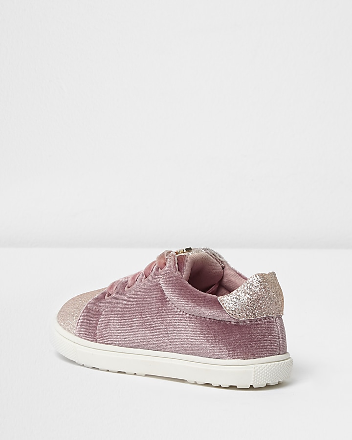 Mini girls pink velvet lace-up trainers