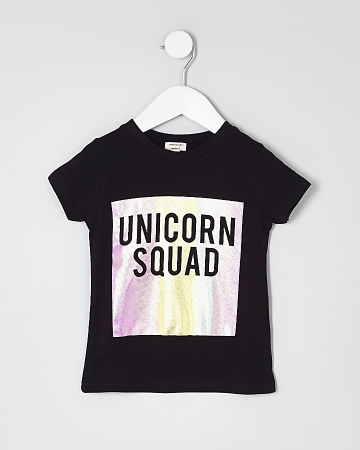 Mini girls black 'unicorn squad' T-shirt