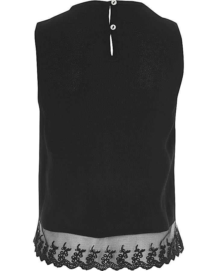 Girls black floral embroidered sleeveless top