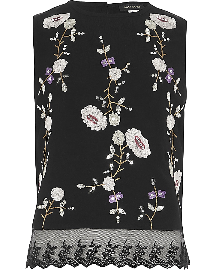 Girls black floral embroidered sleeveless top