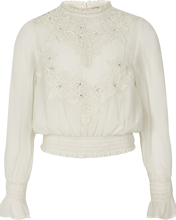 Girls white embroidered high neck shirred top