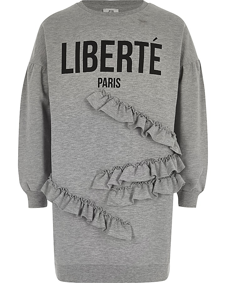 Girls grey 'liberte' frill sweatshirt dress