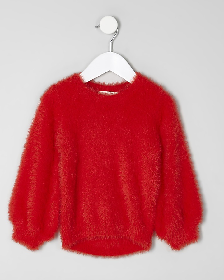 Mini girls red fluffy jumper
