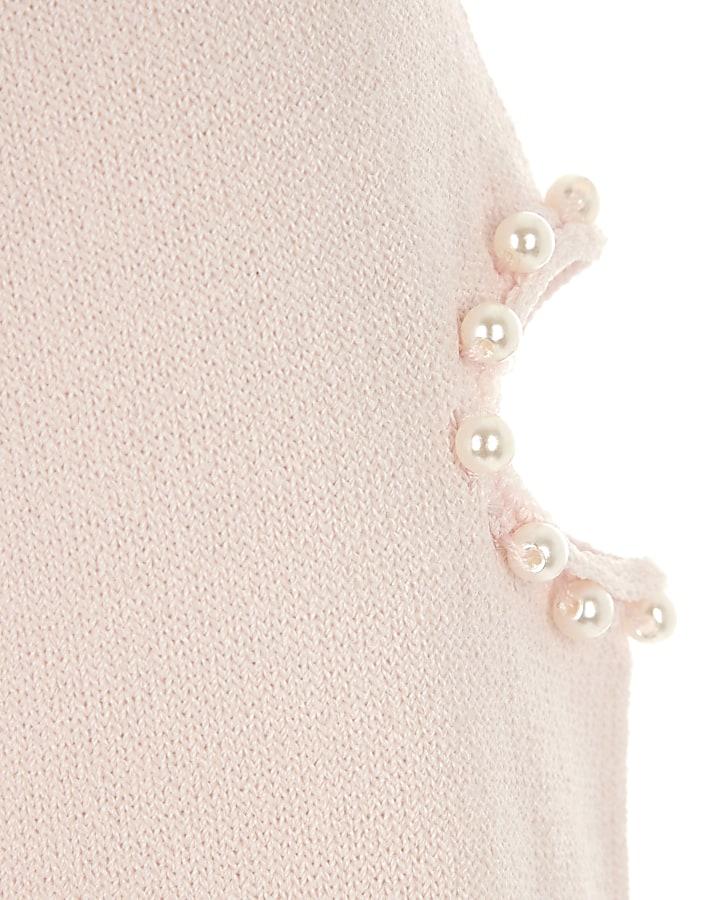 Girls light pink pearl cut out sleeve jumper