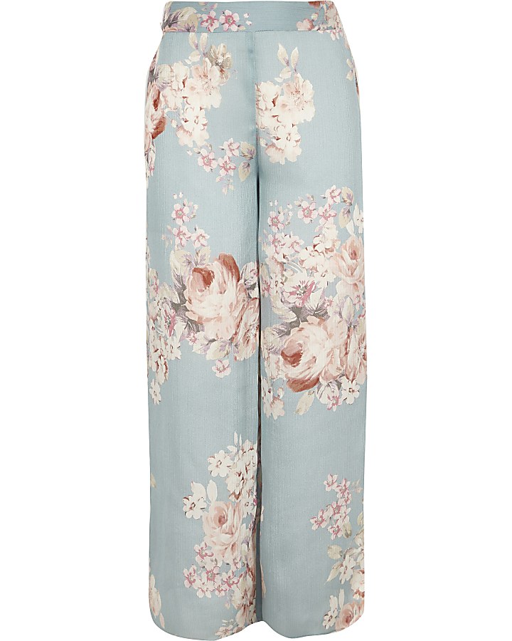 Girls blue floral print palazzo trousers