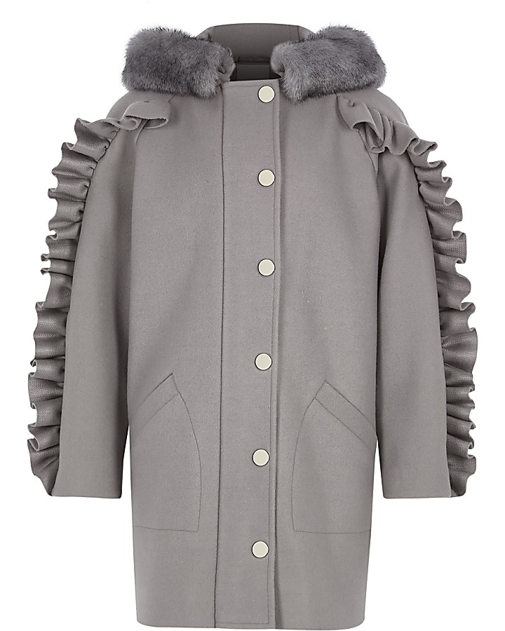 Girls grey frill sleeve faux fur hooded coat