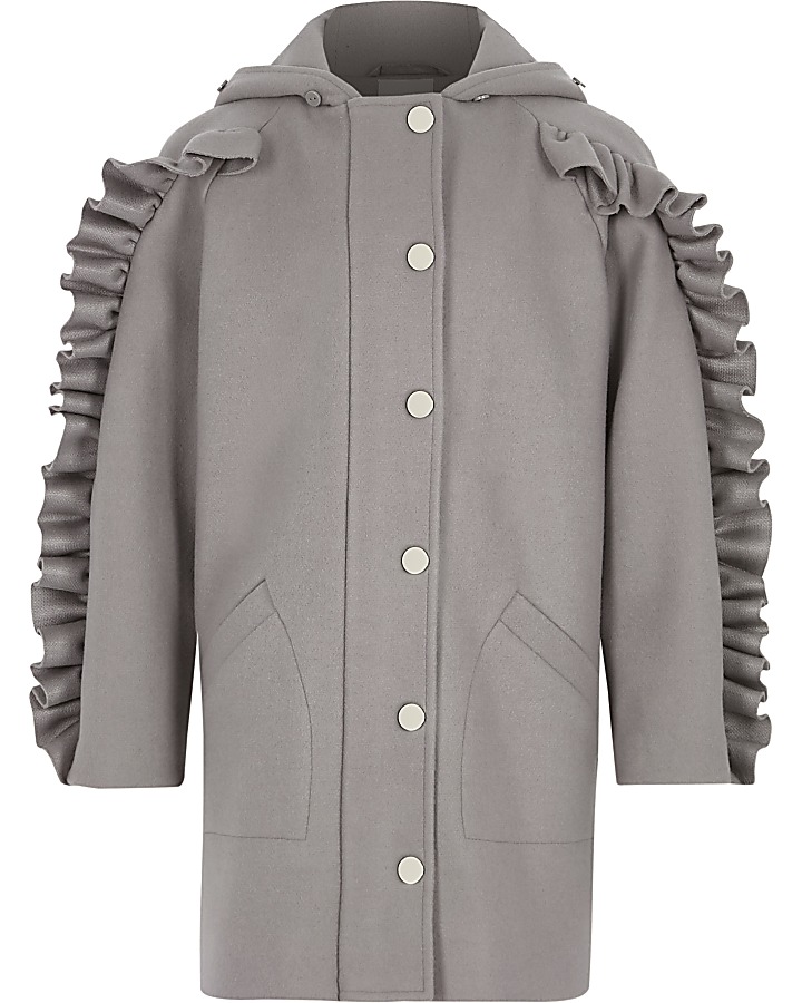Girls grey frill sleeve faux fur hooded coat