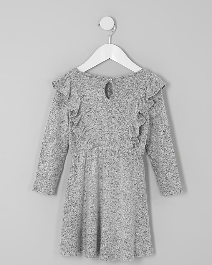 Mini girls grey frill long sleeve knit dress