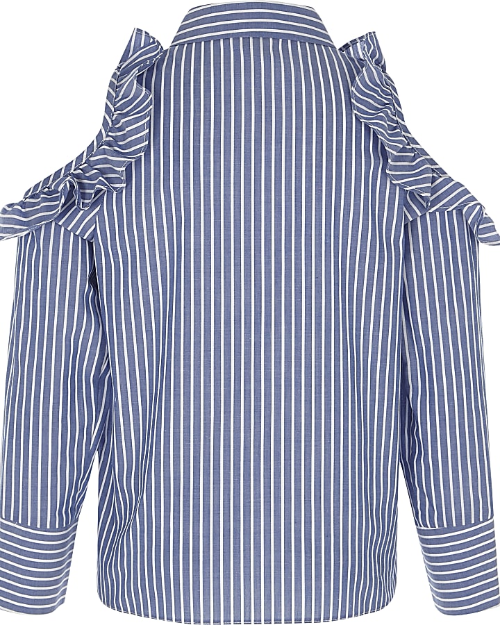 Girls blue stripe frill cold shoulder shirt