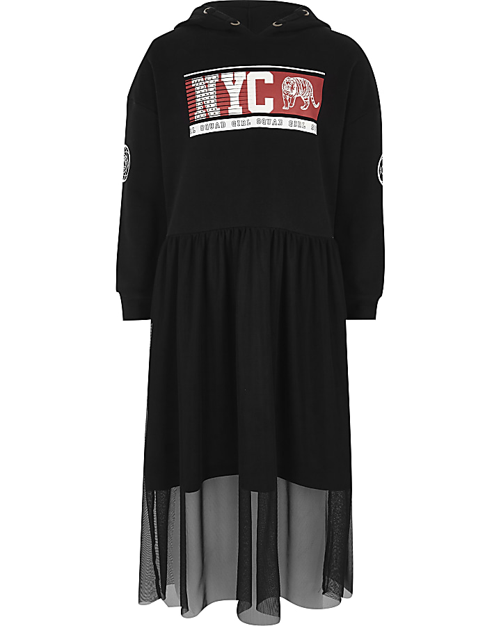 Girls black 'NYC' hoodie mesh skirt dress