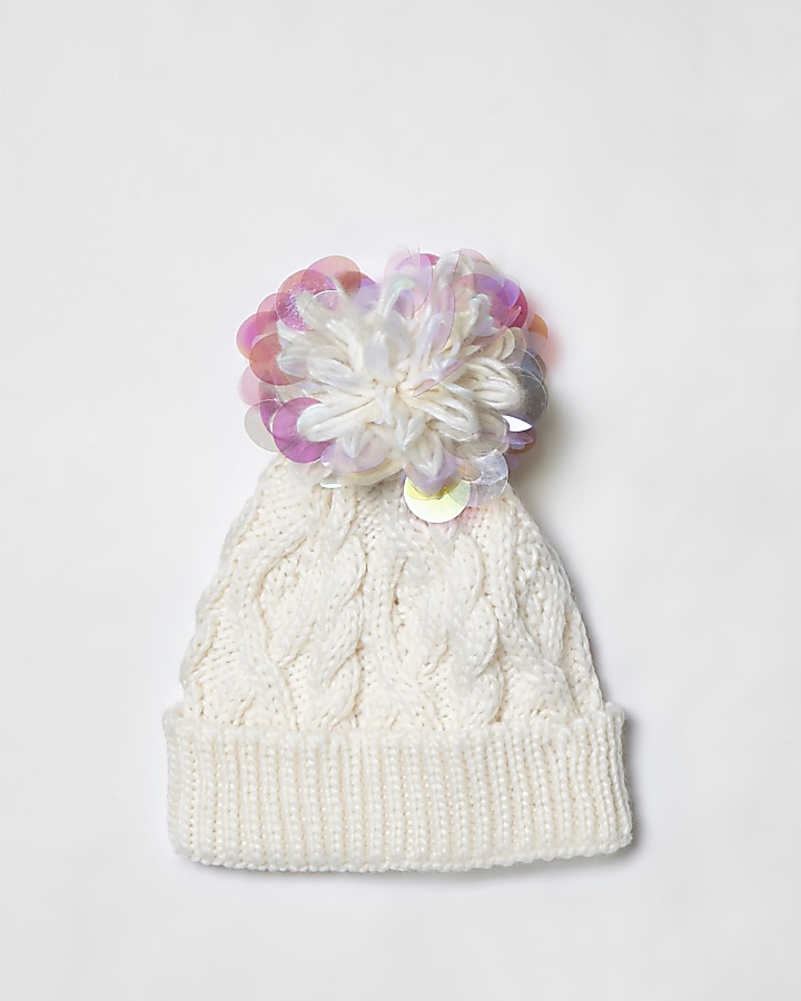 Girls cream iridescent knit beanie hat
