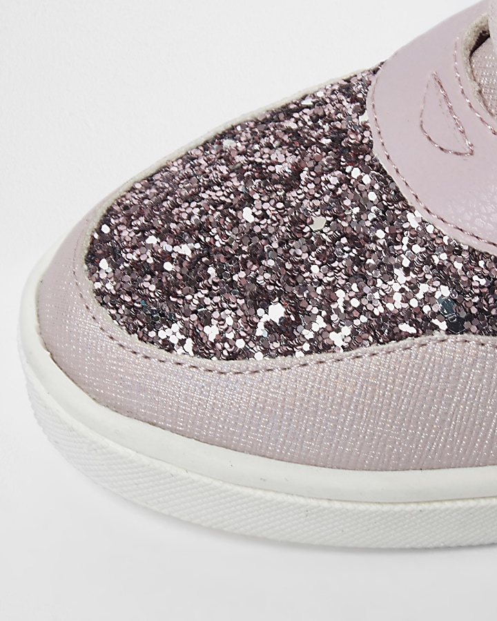 Girls pink glitter hi top lace-up trainers