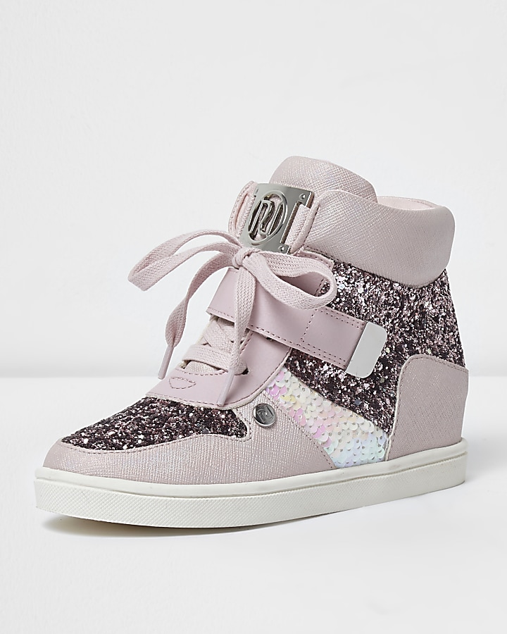 Girls pink glitter hi top lace-up trainers