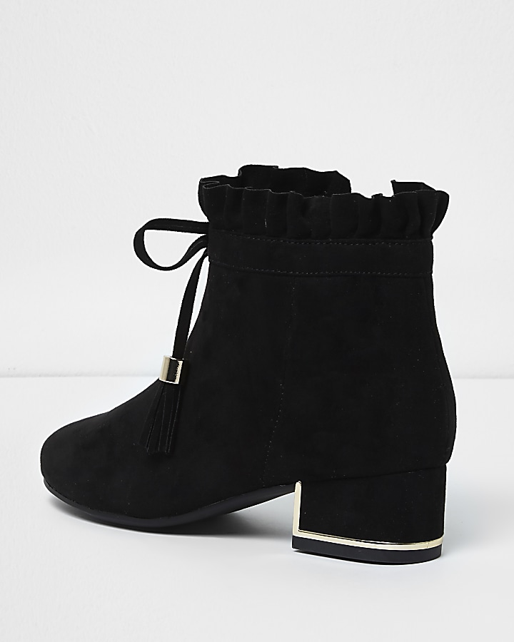 Girls black ruffle top block heel ankle boots