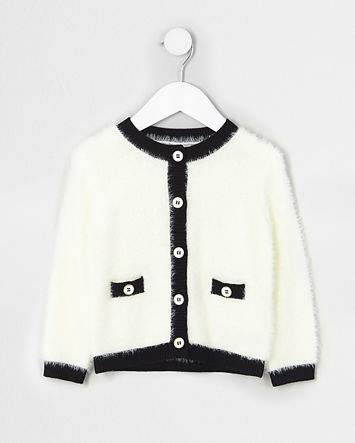 Mini girls cream fluffy knit cardigan