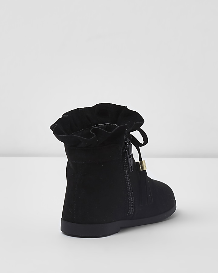 Mini girls black ruffle top tassel boots