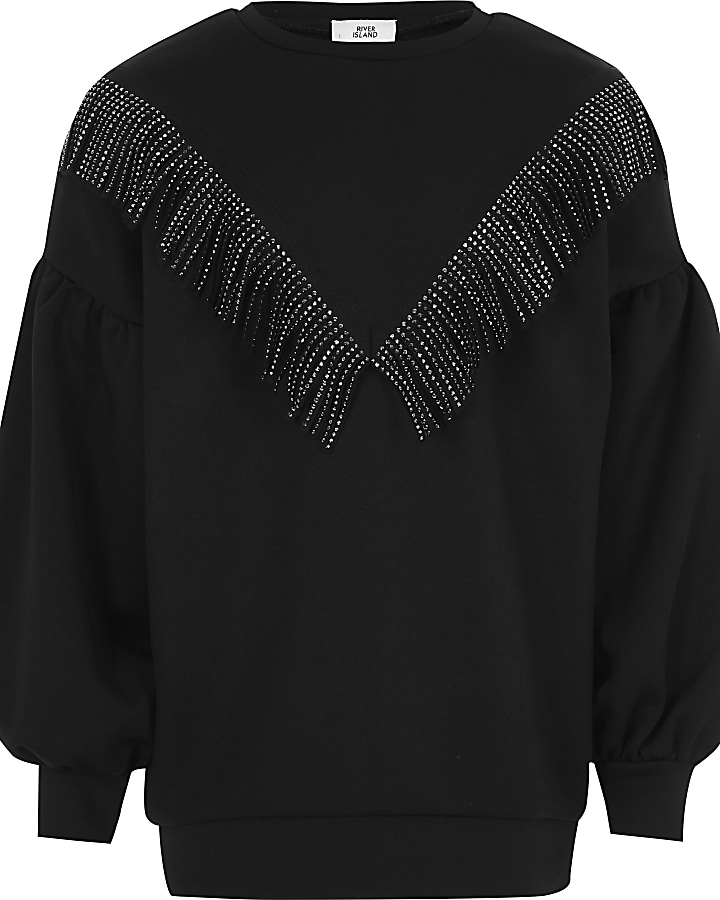 Girls black studded fringe V sweatshirt