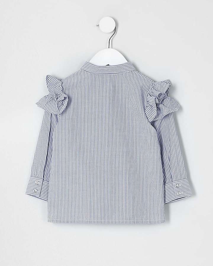 Mini girls grey stripe frill shoulder shirt