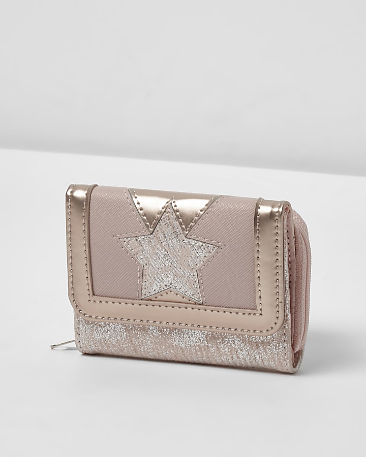 Girls pink star metallic trifold purse