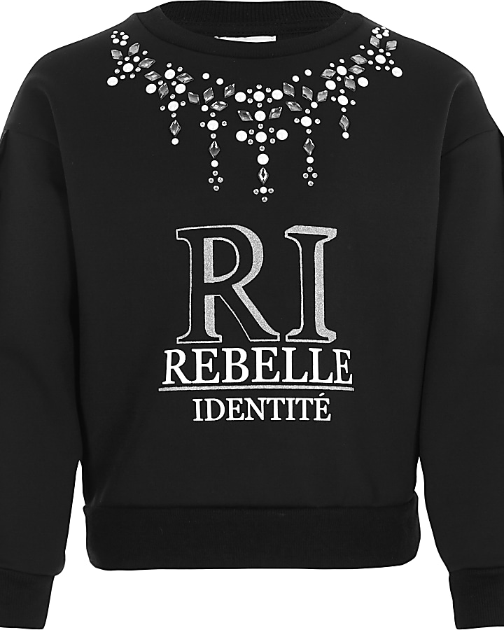 Girls black 'RI' embellished frill sweatshirt