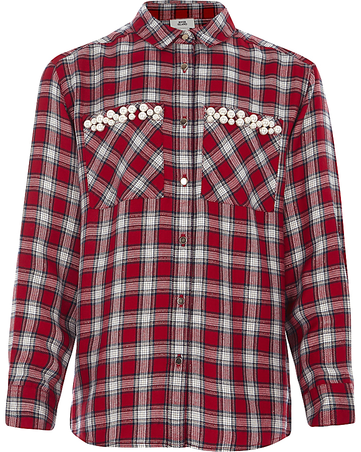 Girls red check faux pearl pocket shirt