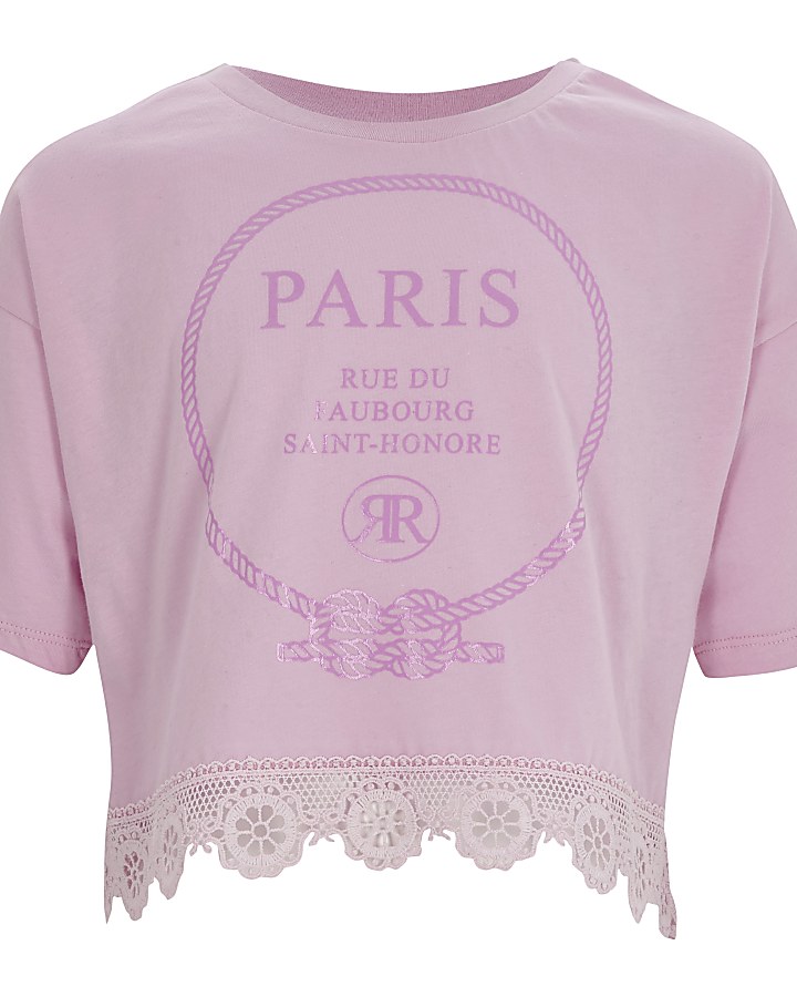 Girls pink 'Paris' lace hem cropped T-shirt