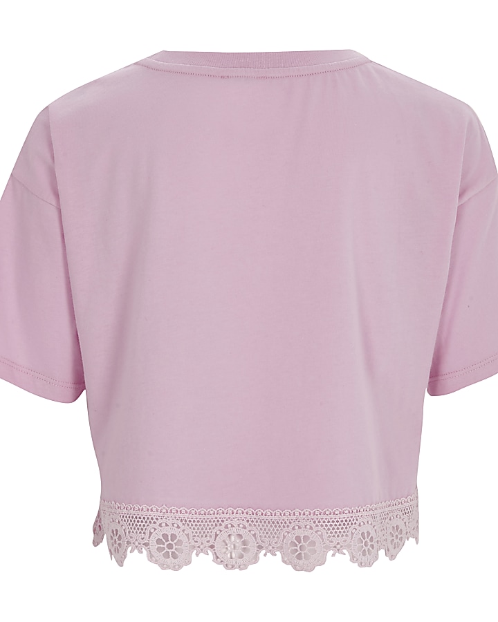 Girls pink 'Paris' lace hem cropped T-shirt